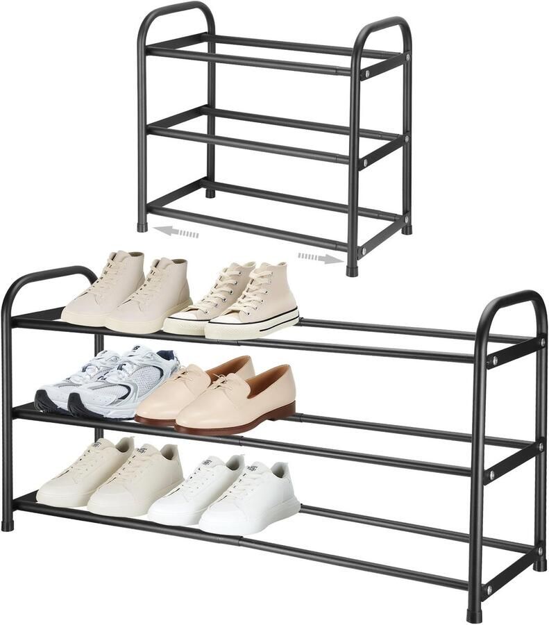 Ibenzoa Uittrekbaar Schoenenrek met Drie Niveaus voor 6-12 Paar Schoenen Verstelbare Breedte van 43-78cm Stabiel Metaal in Zwart voor Compacte Ruimtes