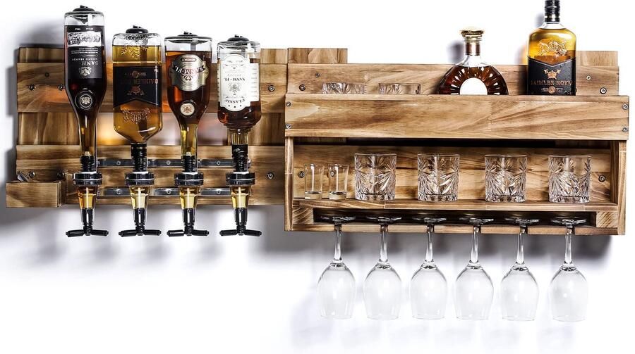 Ibenzoa Unieke wandbar van gevlamd hout met drankdispensers en flessenhouders voor thuisgebruik