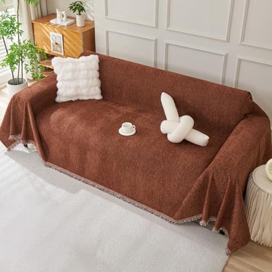 Ibenzoa Universele L-vormige bankhoes met chenille stof en decoratieve kwastjes in bruin 180 x 340 cm