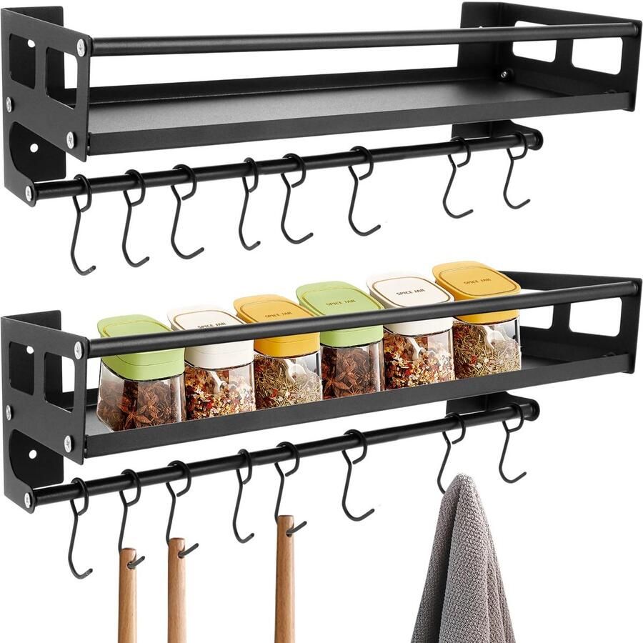 Ibenzoa Veelzijdig Keukenrek Set van 2 Zwart Metalen Wandrek voor Kruidenpotjes met 8 Haken voor Wandmontage Keuken en Badkamer Zonder Boren