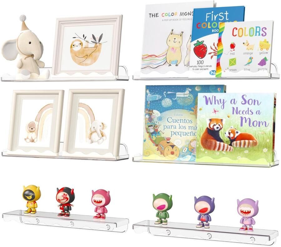 Ibenzoa Veilig en Speels Wandmontage Boekenrek voor Kinderkamers Set van 6 Transparante Planken