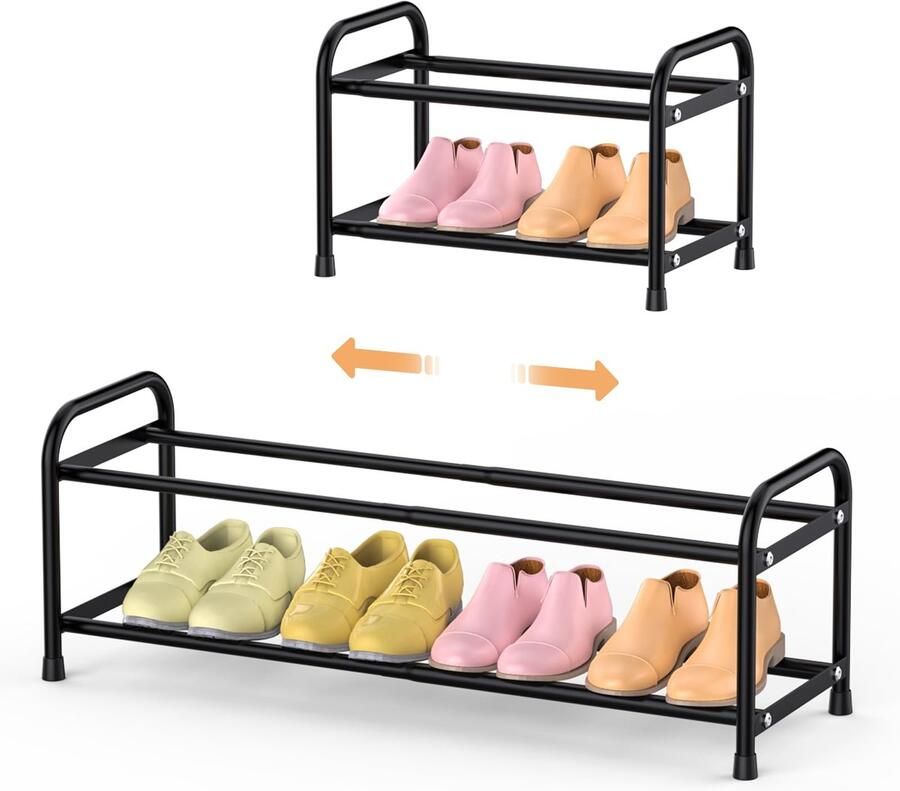 Ibenzoa Verstelbaar en Ruimtebesparend Schoenenrek met Twee Niveaus voor 4-8 Paar Schoenen Geschikt voor Kast Hal en Garage Zwart