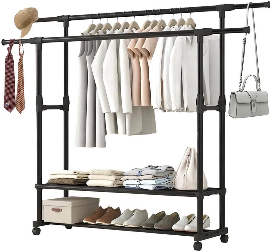 Ibenzoa Verstelbaar kledingrek met wielen en dubbele opberglagen voor veelzijdig gebruik