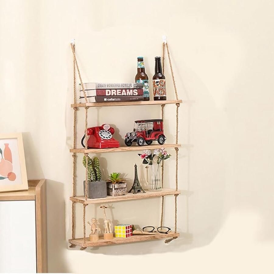 Ibenzoa Vierlaags zwevend wandrek van hout met boho design en haken