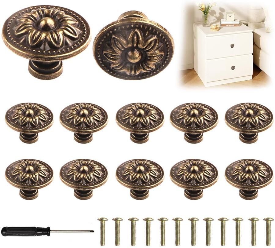 Ibenzoa Vintage Bloemenpatroon Meubelknoppen Set van 12 met Compleet Installatiepakket
