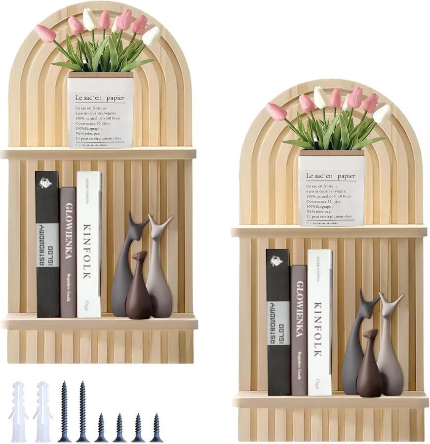 Ibenzoa Vintage Houten Wandplanken Set van 2 voor Stijlvolle Wanddecoratie in Huis en Kantoor