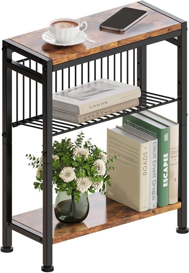Ibenzoa Vintagebruine en Zwarte Smalle Bijzettafel met Drie Lagen en Tijdschriftenhouder voor Ruimtes
