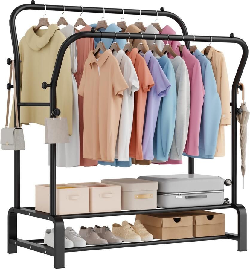 Ibenzoa Vrijstaand zwart kledingrek met dubbele stangen en opbergruimte voor schoenen