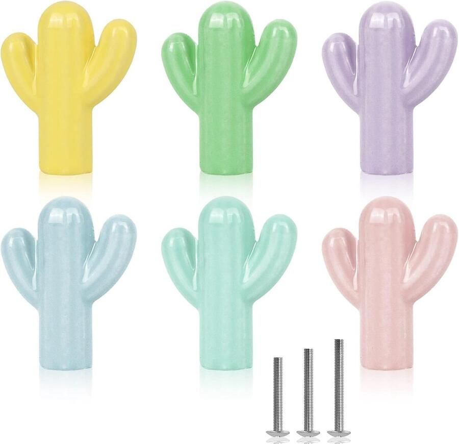 Schattige Cactusvormige Keramische Deurknoppen voor Kinderkamer Set van 6 Meerkleurig