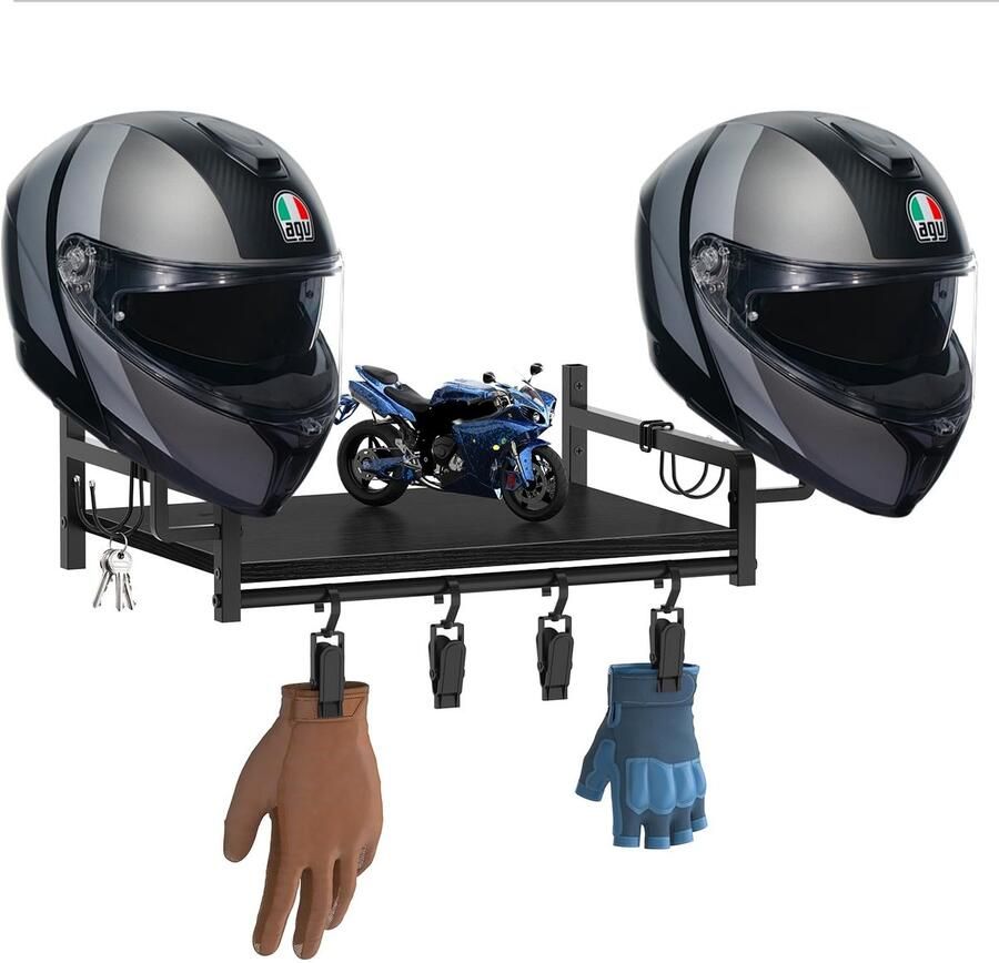 Ibenzoa Wandgemonteerde Helmhouder met Haken voor Motorhelm Jas en Handschoenen Zwart