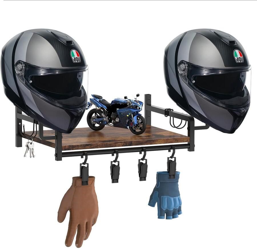 Ibenzoa Wandgemonteerde Helmhouder van Roestvrij Staal en Hout met Haken voor Helmen en Jassen