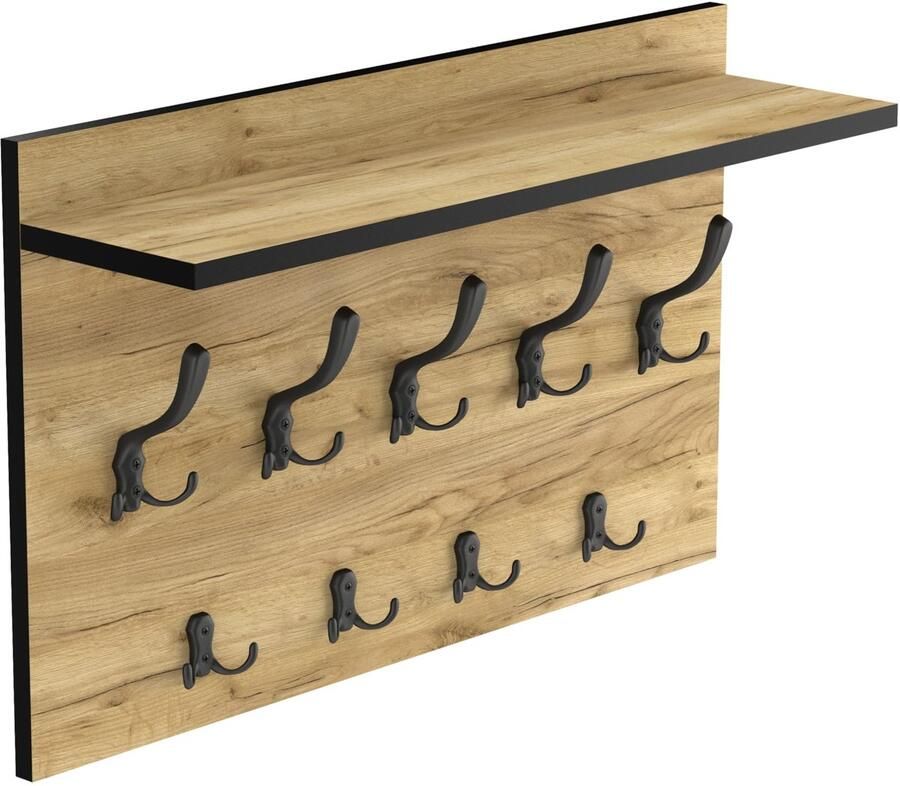 Ibenzoa Wandgemonteerde Kapstok met Negen Zwarte Haken en Eiken Houtdecor voor Ruimtes