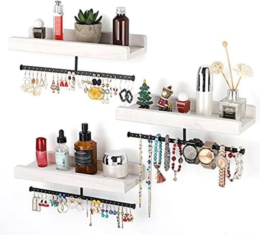 Ibenzoa Wandgemonteerde sieradenhouder en opbergrek van hout voor sieraden en decoratie