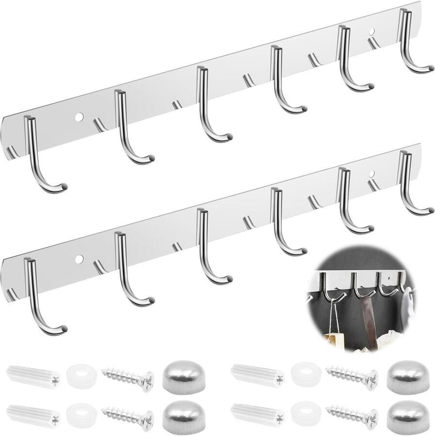 WYYFXY 2 stuks keukenhaakrail RVS kapstok wandkapstok voor kledingkast slaapkamer kast badkamer keuken zilver (6 haken)