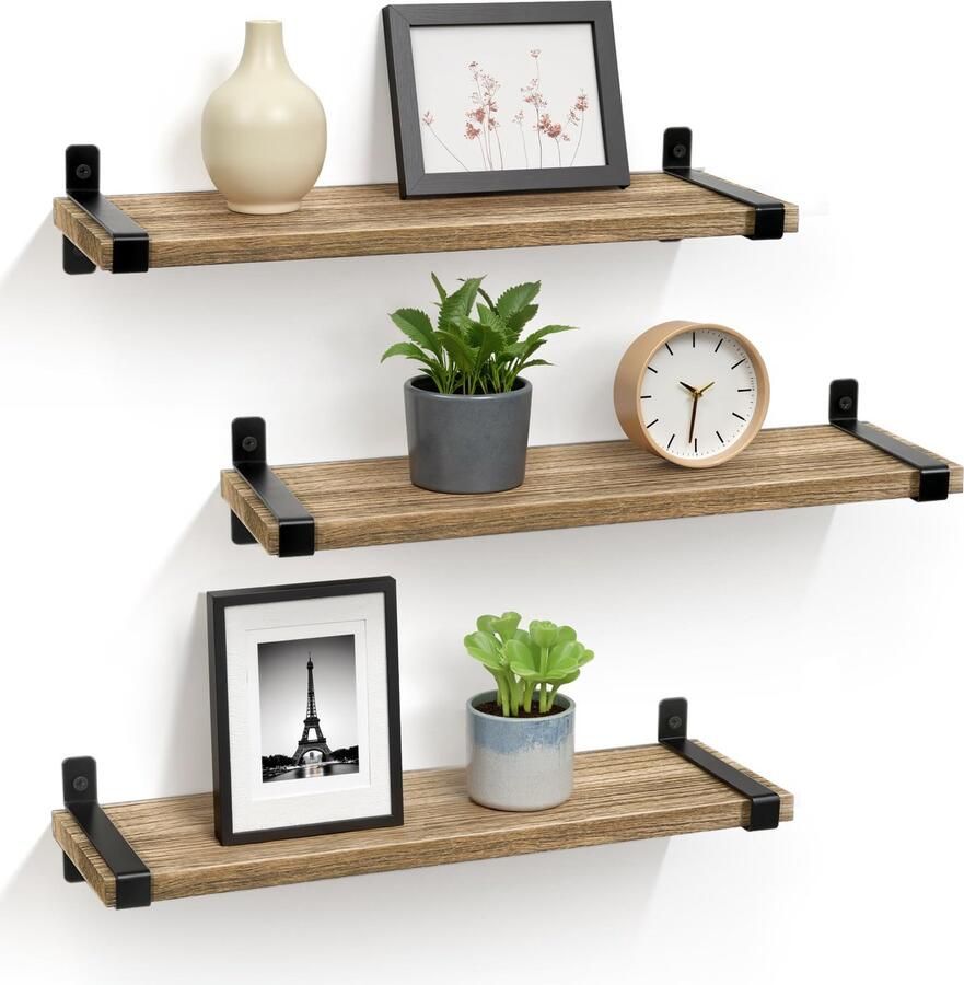 Ibenzoa Wandrek hout set van 3 zwevende plank klein wandrek zwart metaal afneembare plank zonder boren massief hout industrieel vintage keuken woonkamer badkamer boeken 40 cm
