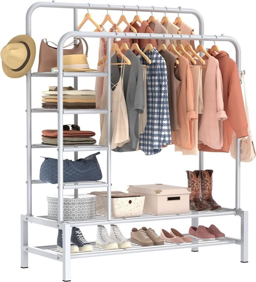 Ibenzoa wit metalen kledingrek met dubbele stangen en extra opbergruimte