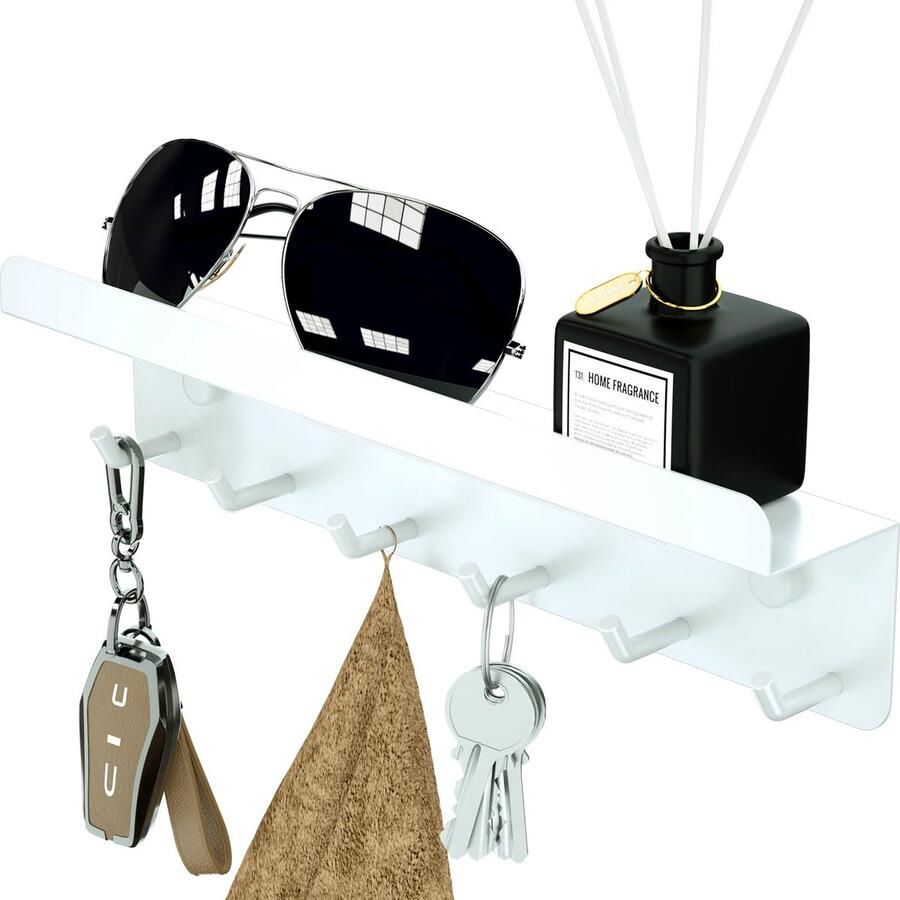Ibenzoa Wit sleutelrek met plank en 6 haken voor hal en keukenorganisatie