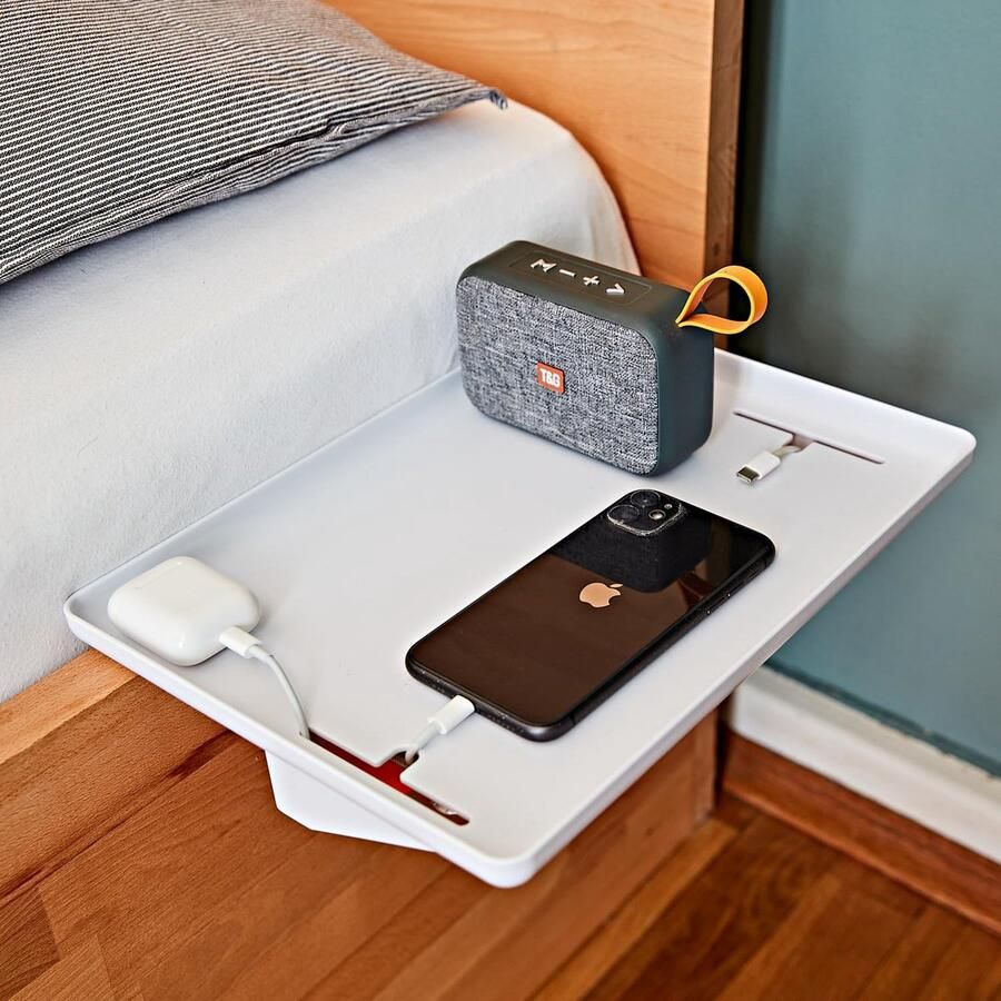 Ibenzoa Wit zwevend nachtkastje voor bed en stapelbed met kabelhouder