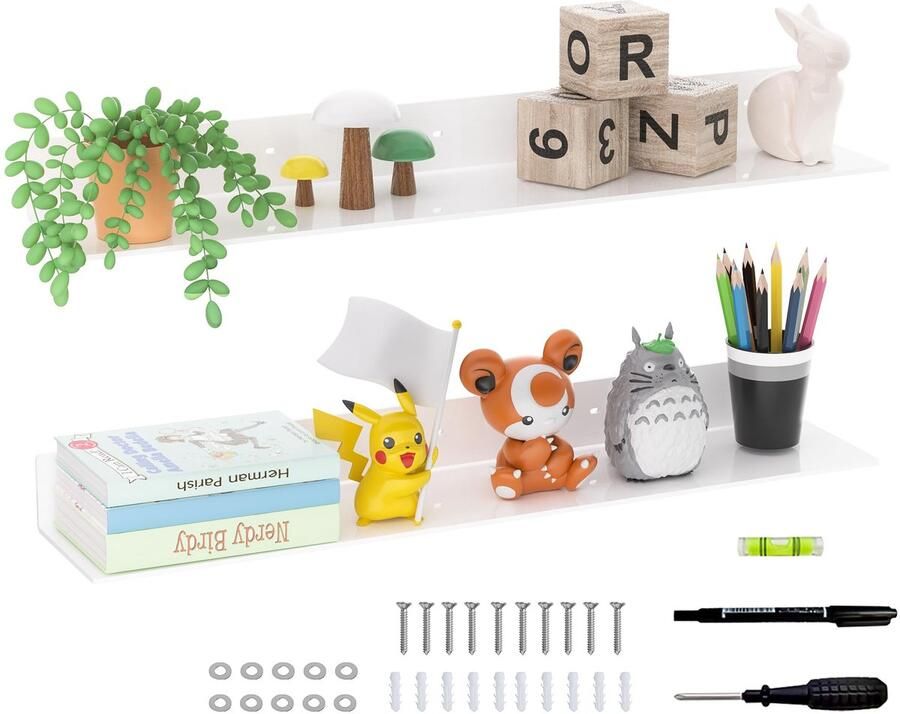 Ibenzoa Witte Zwevende Wandplanken Set van 2 Multifunctionele Acryl Opbergoplossing met Installatieset