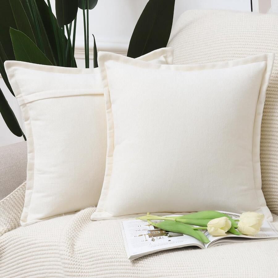 Ibenzoa Zachte chenille sierkussenhoezen met franjes voor bank en slaapkamer set van 2 crème wit 40x40 cm