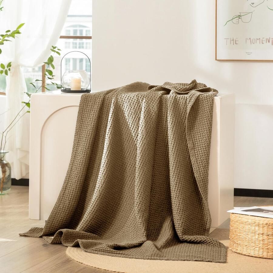 Ibenzoa Zachte en ademende katoenen deken met wafelpatroon voor bank en woonkamer in bruin