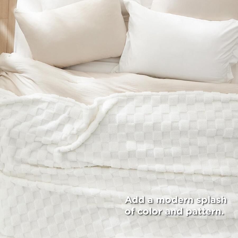 Ibenzoa Zachte en Comfortabele Wit Ruit Ontwarpt Dekens voor Bed Premium Fleece
