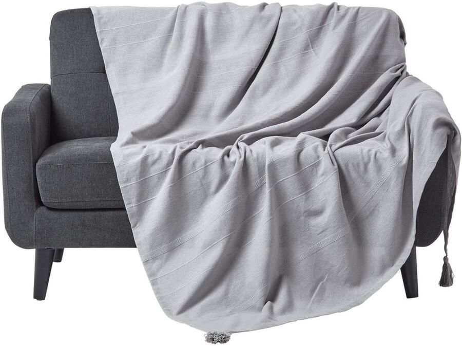 Ibenzoa Zachte Grijze Katoenen Woondeken Met Geribbelde Look Voor Bank Of Bed 150x200 cm