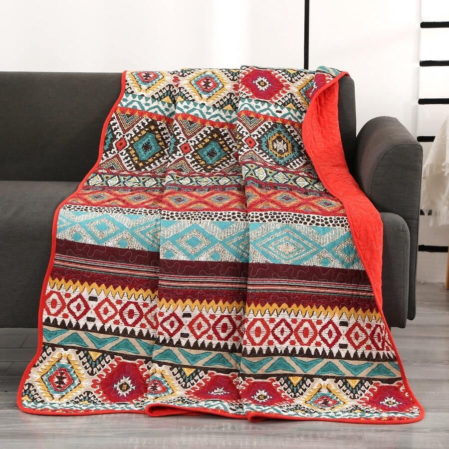 Ibenzoa Zachte Katoenen Boho Sprei voor Eenpersoonsbedden en Banken Kleurrijk Design 150 x 200 cm