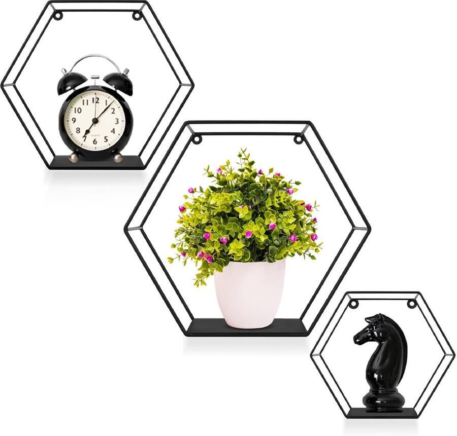 Ibenzoa Zeshoekige metalen wandplanken set van 3 voor moderne interieurdecoratie in zwart