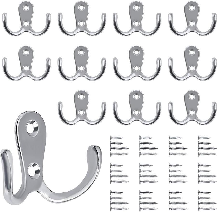 Ibenzoa Zilverkleurige Retro Dubbele Wandhaken Set van 12 met Schroeven voor Ruimtes