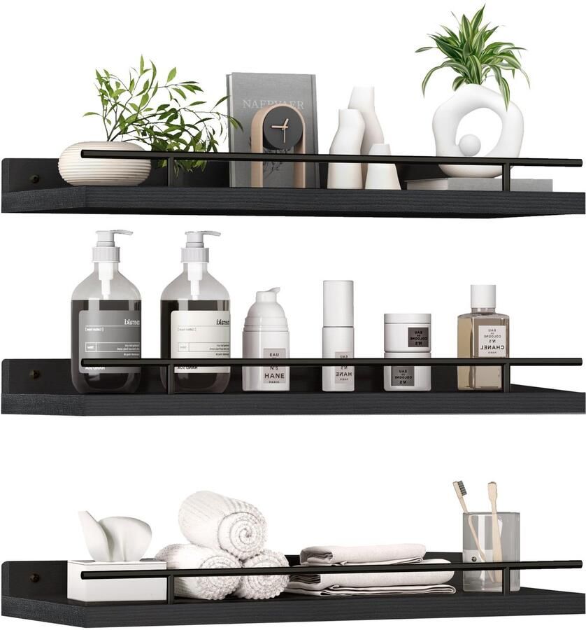 Ibenzoa Zwart Houten Wandrek Set van 3 met Metalen Beveiliging voor Kamers