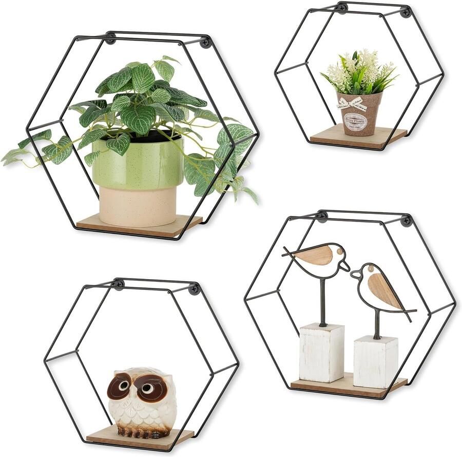 Ibenzoa Zwart Metaal Wandrek Set van 4 Modern Zwevend Plantenrek voor Woonkamer en Slaapkamer