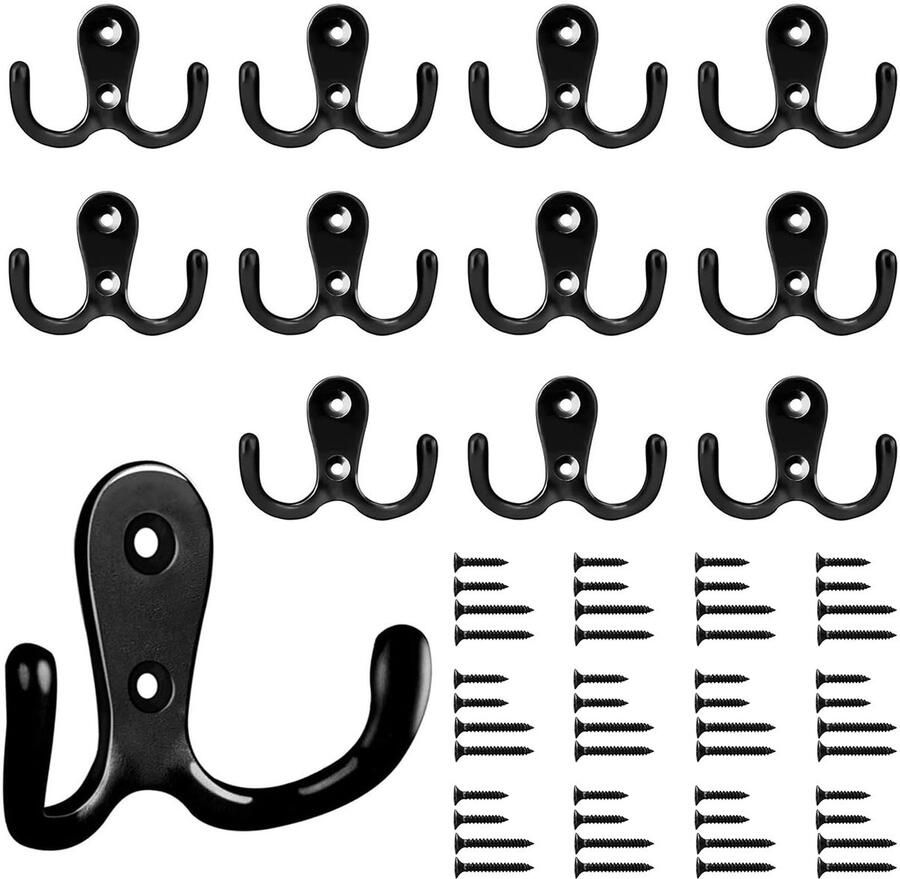 Ibenzoa Zwarte Dubbele Wandhaken Set van 12 met Schroeven voor Huis en Badkamer