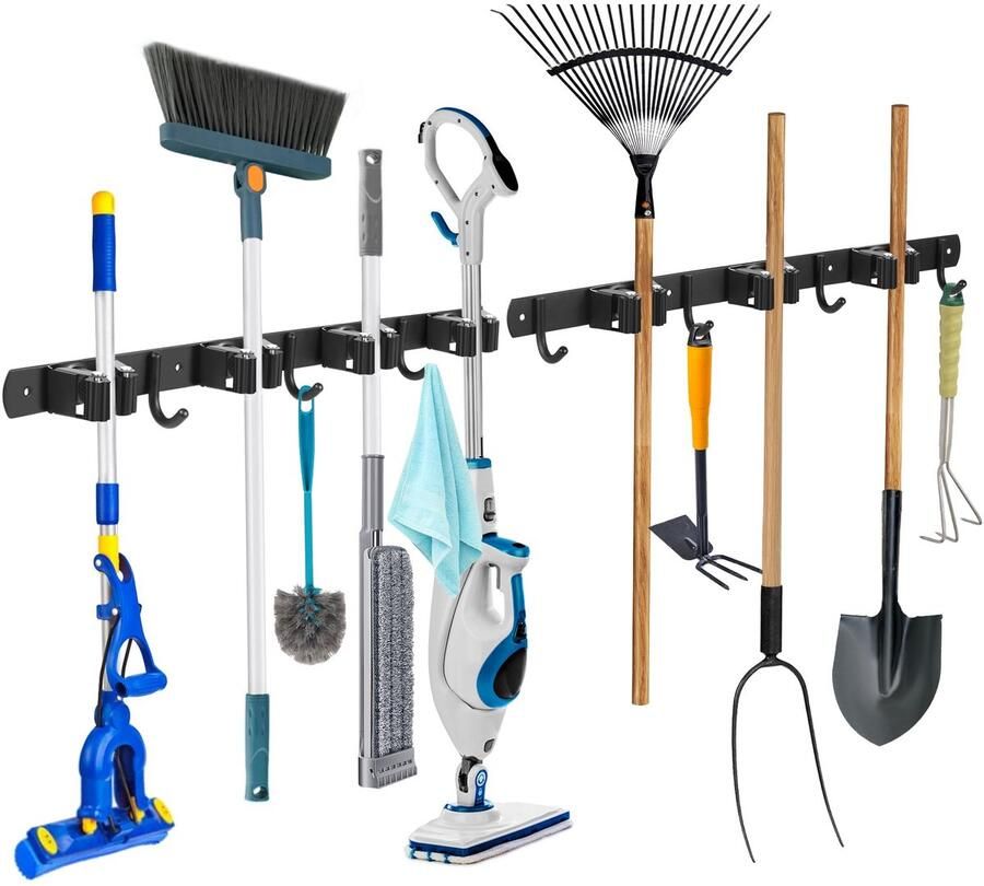 Ibenzoa Zwarte muurbevestiging voor bezem en gereedschap met haken en sleuven