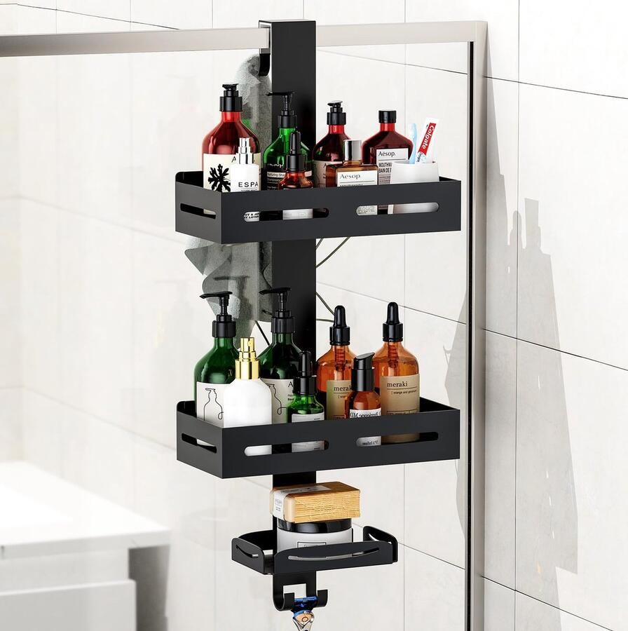 Ibenzoa Zwarte roestvrijstalen doucheplank met zeephouder en grote opbergruimte voor badkameraccessoires