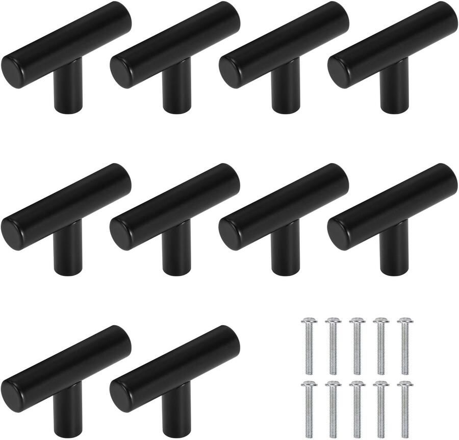 Ibenzoa Zwarte T-vormige meubelknoppen voor kasten en lades met schroeven set van 10 stuks