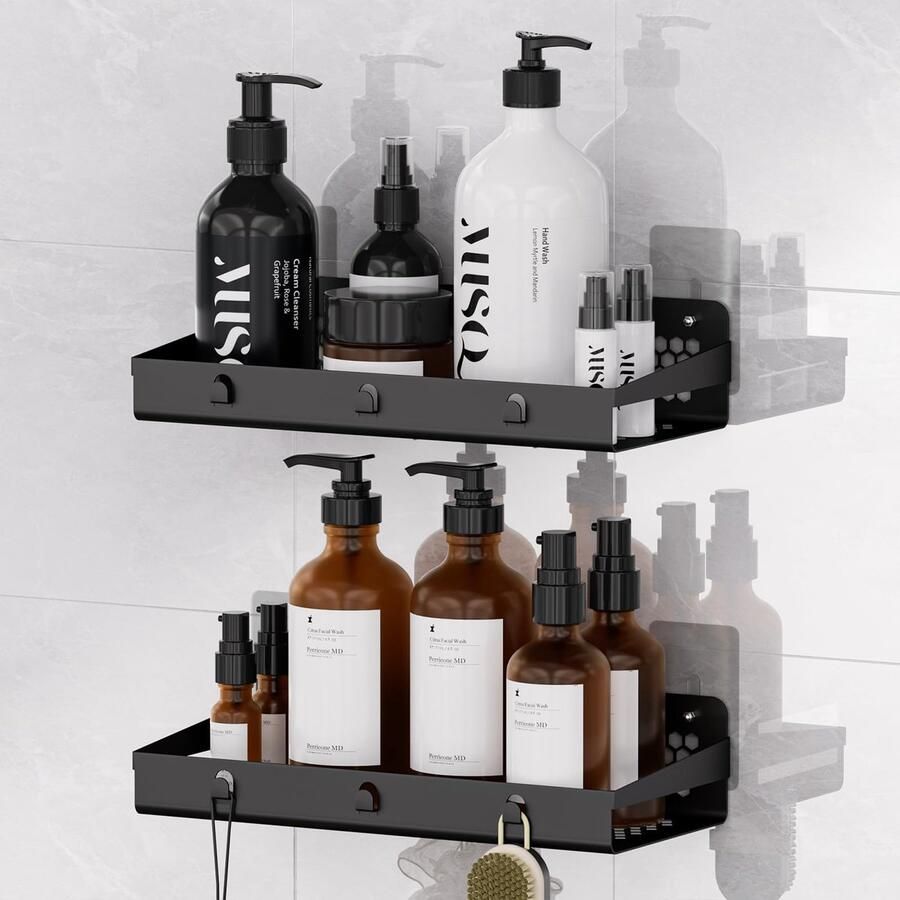 Ibenzoa Zwarte wandgemonteerde doucheplank set zonder boren met haken 2 stuks