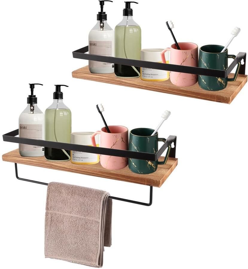 Ibenzoa Zwevende houten wandplanken met handdoekhouder rustiek design set van 2 40 cm multifunctioneel voor ruimtes