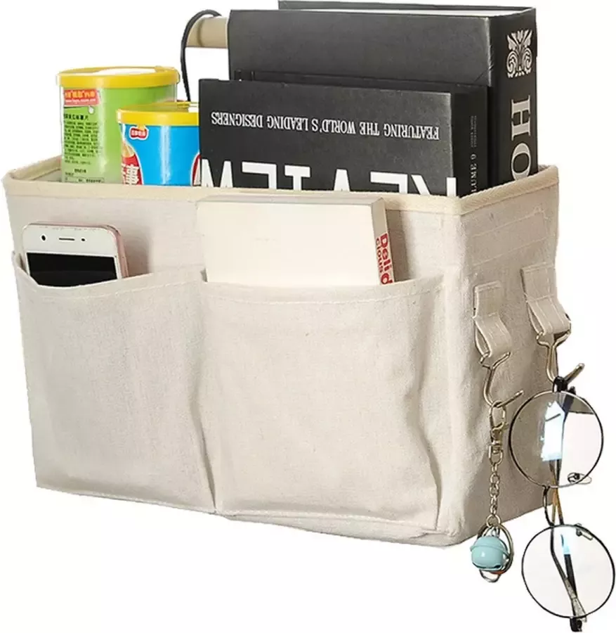 IBright Bed organizer met beugel Opbergtas voor bed of bank Universeel Ophang model Met verschillende vakjes en haakjes Beige