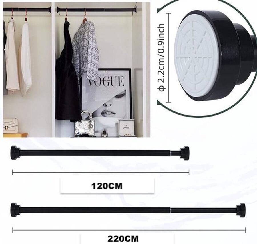 IBright Uitschuifbare Verstelbare Kledingroede Telescopische Garderobestang Verstelbaar Van 120-220 CM Kledingstang Roede Kast Zwart