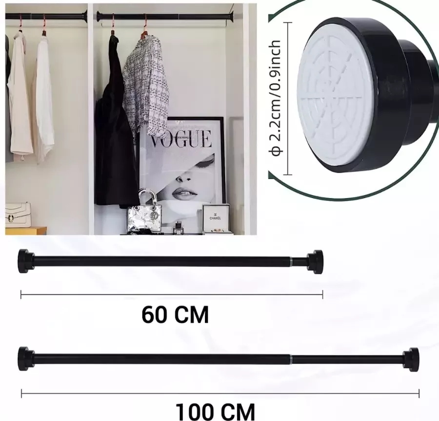 IBright Uitschuifbare Verstelbare Kledingroede Telescopische Garderobestang Verstelbaar Van 60-100 CM Kledingstang Roede Kast Zwart aluminium