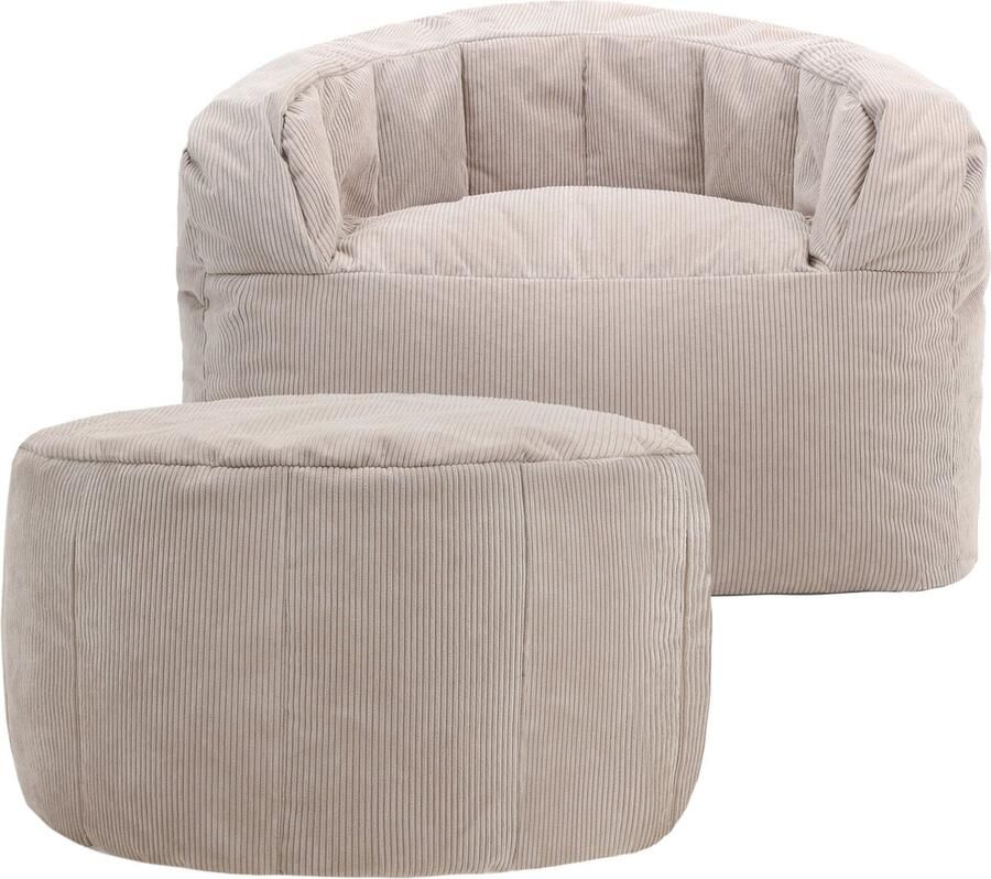 Icon Clara Corduroy Zitzakfauteuil en Hocker Beige XXL Zitzakstoel Zitzak Volwassenen met Vulling Woonkamerzitzakken