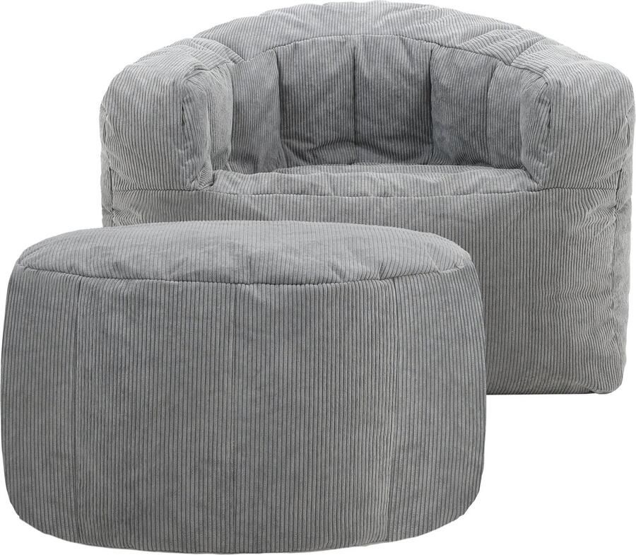 Icon Clara Corduroy Zitzakfauteuil en Hocker Houtskool XXL Zitzakstoel Zitzak Volwassenen met Vulling Woonkamerzitzakken