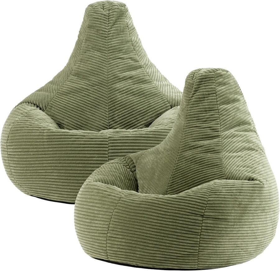 Icon Set van 2 “Dalton” Corduroy Zitzakfauteuil Groen Zitzakstoel Cord Zitzak Volwassenen met Vulling Woonkamerzitzakken