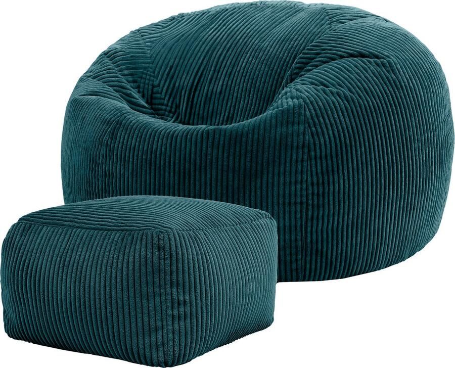 Icon “Kingston” Corduroy Zitzakfauteuil en Hocker Teal Groen Zitzakstoel Cord Zitzak Volwassenen met Vulling Woonkamerzitzakken