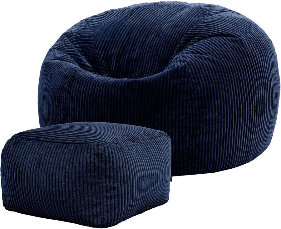 Icon Kingston Zitzak Fauteuil met Poef Ribfluweel Marineblauw
