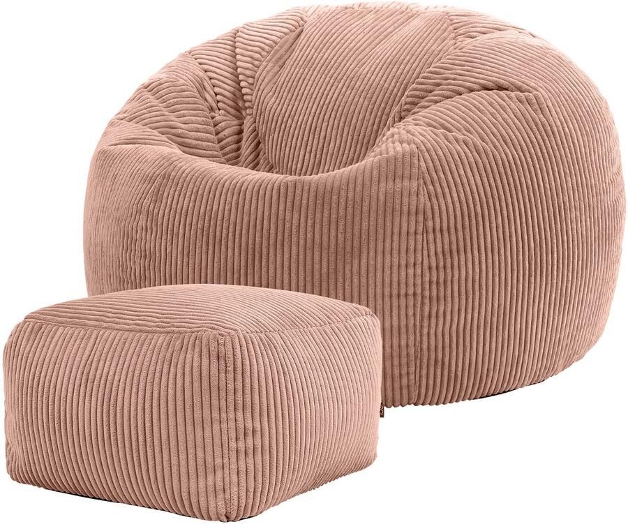 Icon “Kingston” Corduroy Zitzakfauteuil en Hocker Roze Zitzakstoel Cord Zitzak Volwassenen met Vulling Woonkamerzitzakken