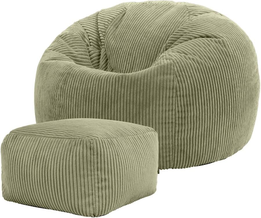 Icon “Kingston” Corduroy Zitzakfauteuil en Hocker Groen Zitzakstoel Cord Zitzak Volwassenen met Vulling Woonkamerzitzakken