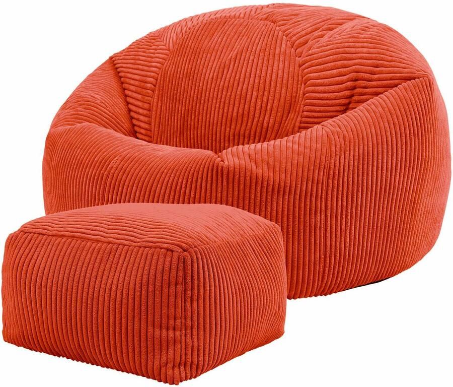 Icon Kingston Zitzak Fauteuil met Poef Ribfluweel Terra-oranje
