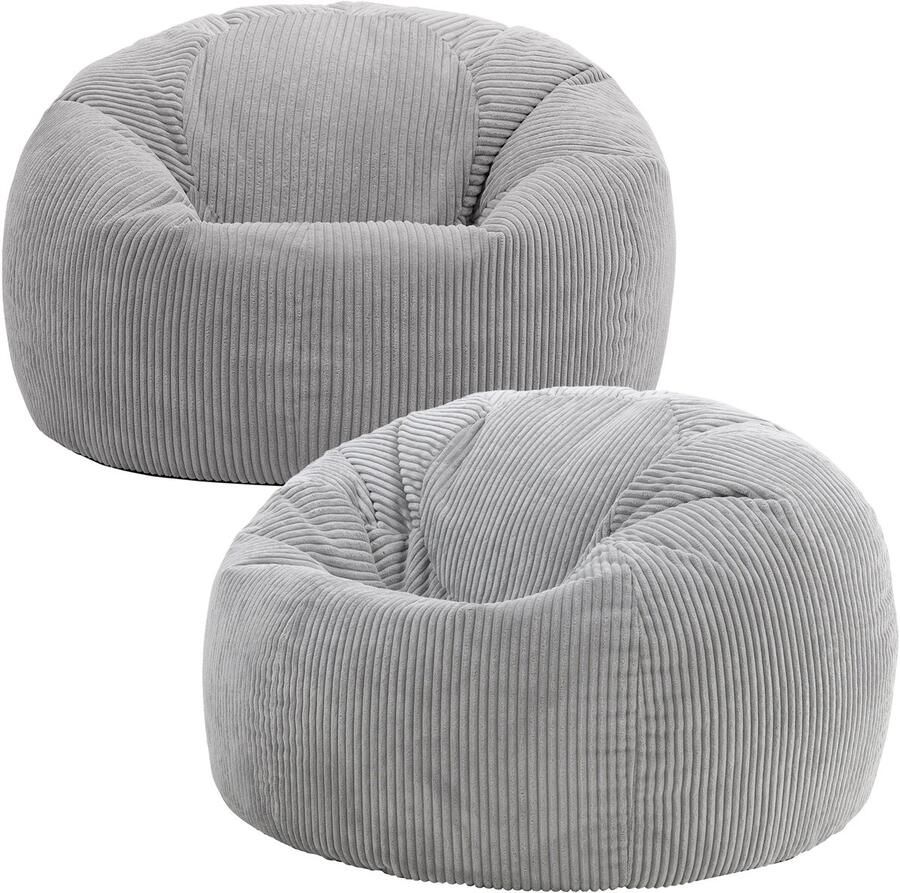 Icon Set van 2 “Kingston” Corduroy Zitzakfauteuil Grijs Zitzakstoel Cord Zitzak Volwassenen met Vulling Woonkamerzitzakken